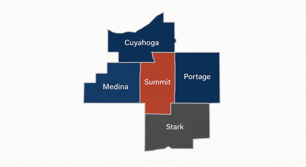 Service-area map of Northeast Ohio showing Rubber City AI's approved counties: Cuyahoga, Medina, Summit (Akron), Portage, and Stark.